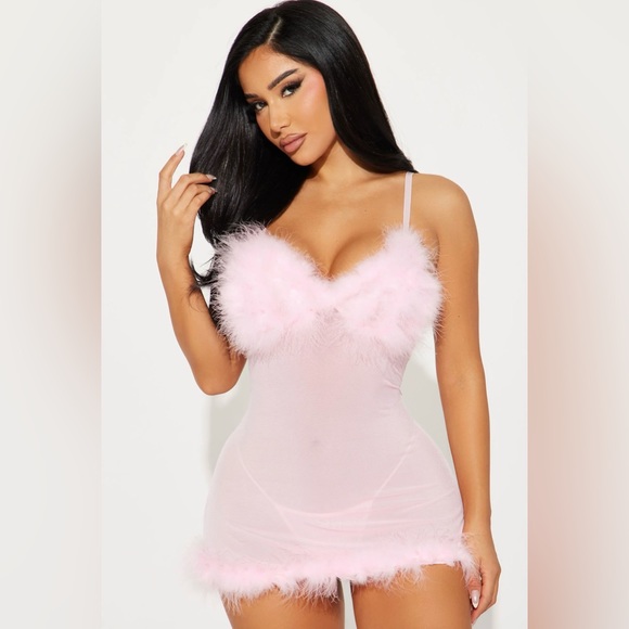 Fashion Nova Sexy Valentine’s Day Sweet Pink Feather Babydoll Set - Picture 2 of 4